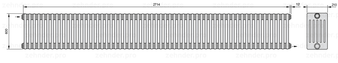 Схема (чертеж) Радиатор Zehnder Charleston 6060/59 №1670 Белый глянцевый RAL 9016